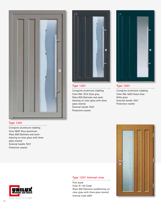 Type 1201 LivingLine – Grey Aluminium Satinato Glass LivingLine Entrance Door, Sandblasted Glass with Stones, Cedar or Oak Interior, Fully Customizable, Elegant Residential Entry